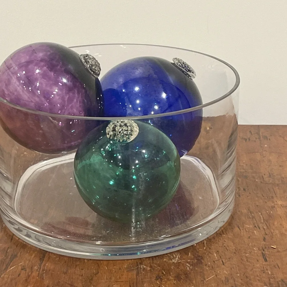 Lot Of 3 Vintage Hand Blown Green Purple Glass Fishing Net Ball Floats Japanese